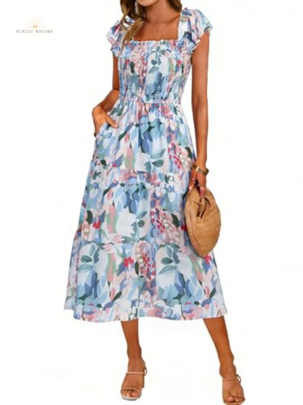 Simplee Women Floral Chiffon Midi Dress Smocked Flutter Sleeve Boho